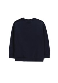 Granatowa bluza z okrągłym dekoltem, długimi rękawami oraz ściągaczami na mankietach i dole. Gładka tkanina, minimalistyczny design bez widocznych wzorów.