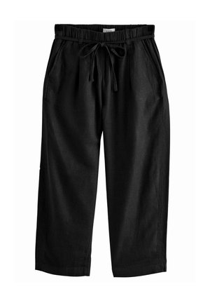 Pantaloni di lino neri con vita elastica e coulisse regolabile, dotati di tasche laterali e vestibilità rilassata. Tessuto morbido e design semplice.