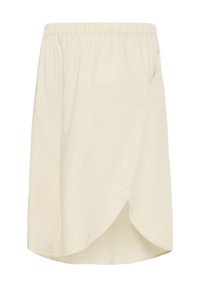 Jupe couleur crème avec taille élastique et ourlet incurvé de style portefeuille, longueur au genou, tissu uni avec poche latérale.