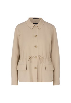 Beige jacket with a collar, front buttons, cinched waist, and two large pockets. Made of a smooth fabric with a soft texture.