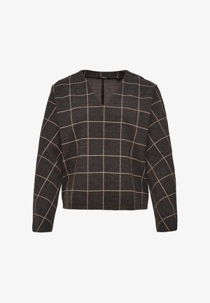 Black and grey checkered top with a V-neckline, long sleeves, and textured fabric. Features a pale grid pattern across the surface.