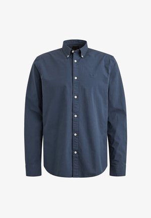 Camicia blu navy con bottoni, realizzata in cotone, dotata di colletto classico, maniche lunghe, chiusura frontale con bottoni e logo ricamato sul petto.