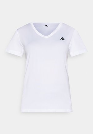 Camiseta blanca de manga corta con cuello en V, confeccionada en tela suave, que presenta un logo negro en el pecho izquierdo y dobladillos en las mangas.
