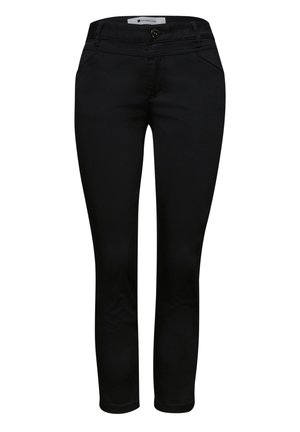 Sorte slim-fit bukser med forlommer, knaplukning og mellemhøj talje, designet til kvinder.