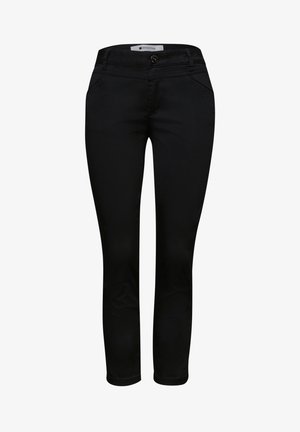 Sorte slim-fit bukser med forlommer, knaplukning og mellemhøj talje, designet til kvinder.