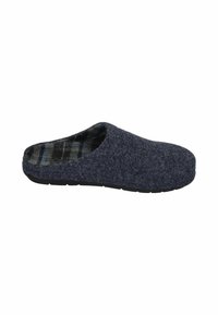 Gray felt slipper with an open back, featuring a black rubber sole and a plaid fabric lining in blue and green tones.