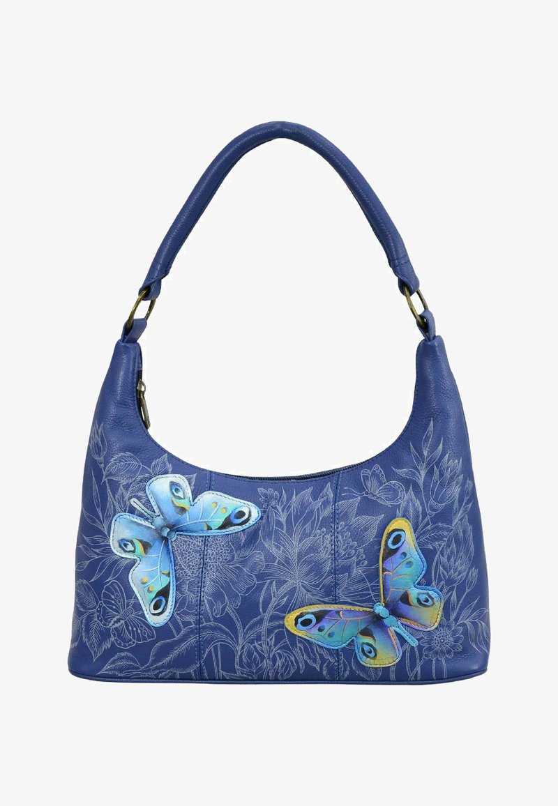 Blauhandtasche aus Leder mit geprägtem Blumenmuster; verfügt über zwei dekorative Schmetterlings-Applikationen in Blau- und Gelbtönen.