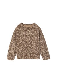Long-sleeve shirt in tan with a textured brown tiger stripe pattern. Features a round neckline and a relaxed fit with a hem that falls at the waist.