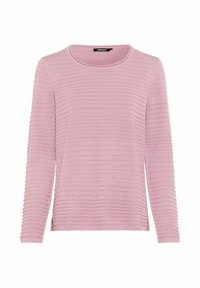 Hellrosa gestrickter Pullover mit rundem Halsausschnitt, strukturiertem Streifenmuster, langen Ärmeln und seitlichen Schlitzen am Saum für mehr Komfort.