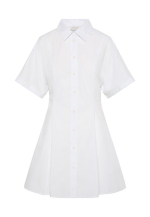 Robe chemise blanche à manches courtes avec col et boutonnière devant, taille cintrée et jupe évasée par Calvin Klein Jeans.