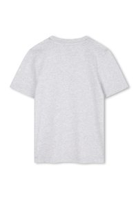 T-shirt grigio a maniche corte realizzato in cotone. Presenta un collo rotondo e una texture semplice e liscia, senza motivi o accenti visibili.