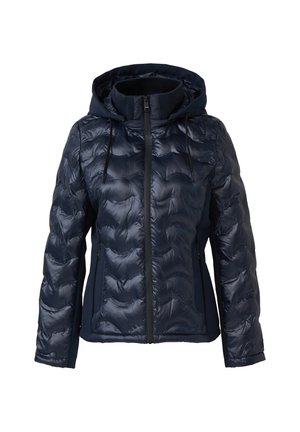 Navyblauwe gewatteerde jas met capuchon, voorkant met rits, zijzakken met rits en trekkoorden op de capuchon, ontworpen voor koude weersomstandigheden.