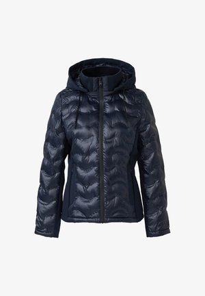 Chaqueta acolchada azul marino con capucha, cremallera frontal, bolsillos con cremallera en los lados y cordones en la capucha, diseñada para el clima frío.