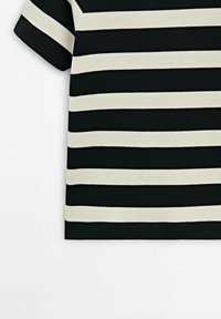 Black and cream striped knit t-shirt with short sleeves. Features horizontal stripes of varying widths and a textured fabric.