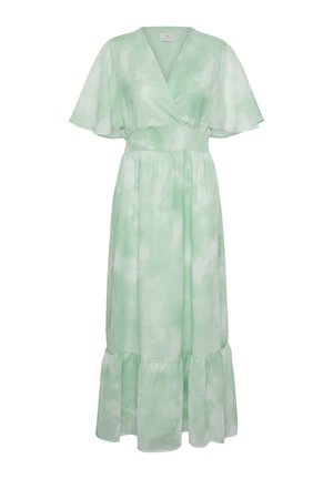 Lichtgroene tie-dye midi-jurk met V-hals, flapmouwen, getailleerde taille en gerimpelde zoom.