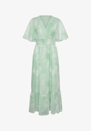 Gaiši zaļa tie-dye midi kleita ar V veida izgriezumu, plīvojošām īsām piedurknēm, piegulošu vidukli un volānu apakšmalu.