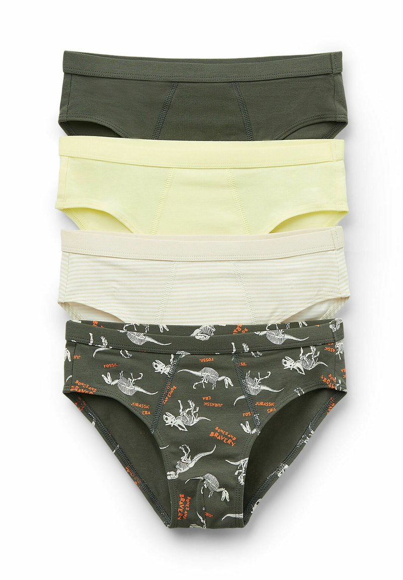 Quatre paires de sous-vêtements pour enfants : vert foncé avec motif de dinosaure, jaune clair, crème clair avec texture rayée, et jaune clair.