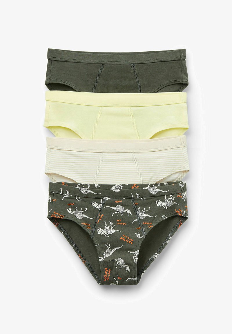 Vier Paare Kinderunterwäsche: dunkelgrün mit Dinosaurierdruck, hellgelb, hellcreme mit gestreifter Textur und hellgelb.