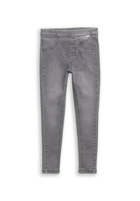 Graue Denim-Leggings zeichnen sich durch ein enges Design mit einem elastischen Bund, fünf Taschen und subtilen Nähdetails aus.