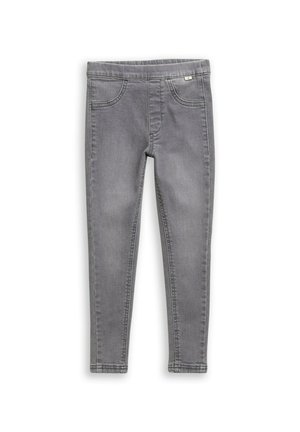Graue Denim-Leggings zeichnen sich durch ein enges Design mit einem elastischen Bund, fünf Taschen und subtilen Nähdetails aus.