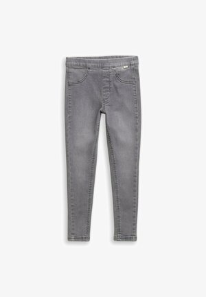 Graue Denim-Leggings zeichnen sich durch ein enges Design mit einem elastischen Bund, fünf Taschen und subtilen Nähdetails aus.