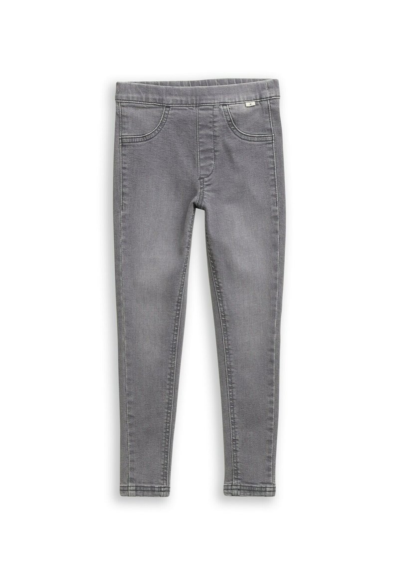 Graue Denim-Leggings zeichnen sich durch ein enges Design mit einem elastischen Bund, fünf Taschen und subtilen Nähdetails aus.
