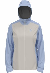 Lightweight, two-tone windbreaker featuring a cream body with light blue sleeves, a zip-up front, and an adjustable hood. Smooth texture.