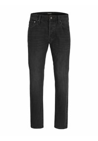 Jeans de mezclilla negra con un diseño recto, cinco bolsillos y cierre de botón. Presentan un sutil desvanecimiento y detalles de costura.