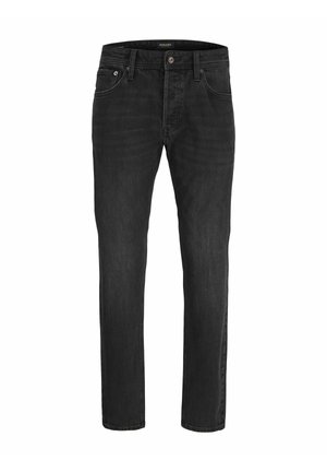 Jeans de mezclilla negra con un diseño recto, cinco bolsillos y cierre de botón. Presentan un sutil desvanecimiento y detalles de costura.