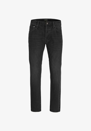 Jeans di denim neri con un design a gamba dritta, cinque tasche e chiusura con bottone. Presentano un leggero sbiadimento e dettagli di cucitura.