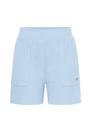 Shorts en coton bleu clair avec un motif côtelé texturé, dotés d'une taille élastique et de deux poches latérales. Petite étiquette de marque sur le côté.