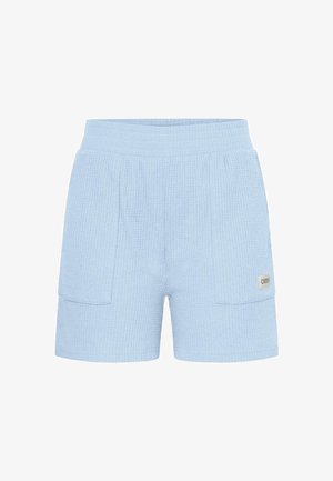 Shorts en coton bleu clair avec un motif côtelé texturé, dotés d'une taille élastique et de deux poches latérales. Petite étiquette de marque sur le côté.