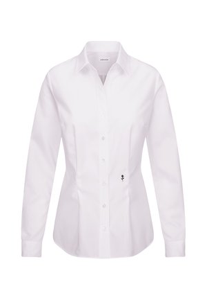 White long-sleeve button-up shirt featuring a classic collar, front placket, side darts, and a black embroidered rose detail near the hem.