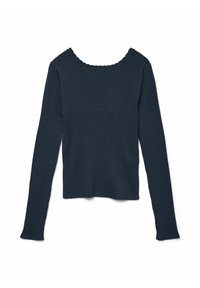 Temno modra rebrasta dolgi rokav majica s plisastim ovratnikom in prilegajočim se dizajnom. Material ima teksturiran vzorec čez celotno površino.