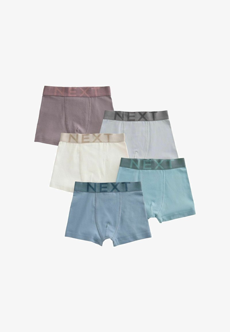 Cinco pares de bóxers para niños en colores apagados con cinturas elásticas con la marca "NEXT", dispuestos en una cuadrícula escalonada sobre un fondo blanco.