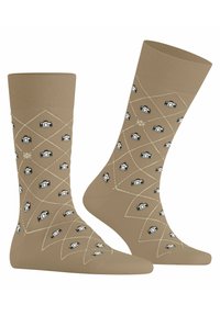 Brązowe skarpetki bawełniane z wzorem w diamenty, z ikonami aparatów w czerni i bieli, uzupełnione beżowymi przeszyciami.
