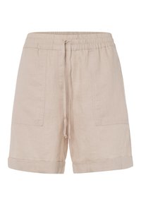 Beige Leinen Shorts mit einem elastischen Bund, Kordelzug und zwei Vordertaschen. Umschlagsaum für zusätzlichen Stil und Komfort.