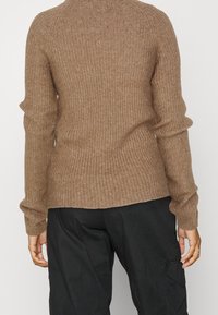 Brown ribbed knit sweater with long sleeves and a high neckline, featuring a textured finish and a slightly curved hem at the back.