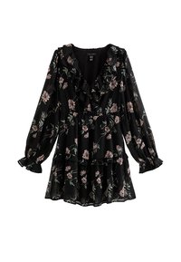 Zwarte lange mouwen bloemenjurk met roze bloemen, gerimpelde V-hals, getailleerde taille en gelaagde rok.