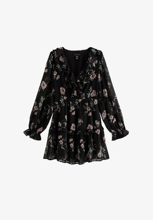 Vestito nero a maniche lunghe con motivo floreale e fiori rosa, scollatura a V con volant, vita stretta e gonna a balze.