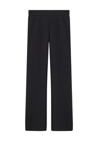 Pantaloni neri a gamba larga realizzati in tessuto morbido, con vita piatta e senza motivi o decorazioni visibili.
