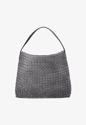 Hall kudumisnahast õlakott ühe rihmaga, pehme tekstuuriga ja ümarate trapetsikujuliste servadega, valgel taustal esitatud.