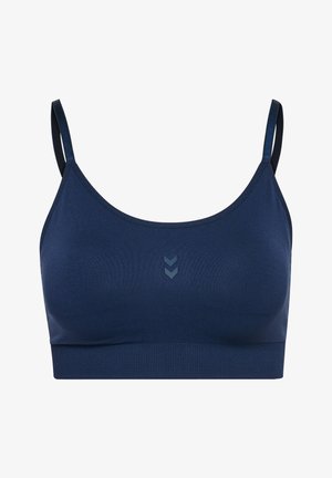 Diepblauwe sportbeha van gladde stof, met verstelbare dunne bandjes en een chevron-logo detail aan de voorkant. Getextureerde band aan de onderkant.