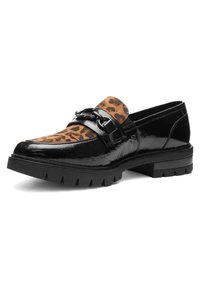 Black patent leather loafer with chunky sole, leopard print fabric on top, and black chain detail across the front.