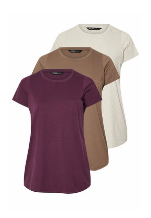 Tre t-shirt a maniche corte di colore viola scuro, marrone e beige chiaro. Realizzate in tessuto morbido con scollo rotondo e vestibilità comoda.