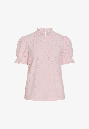 Hele roosa lilleaugulise kangaga pluus lühikeste padjandvarrukatega, volditud kõrge kaelusega ja tagumise nööpidega kinnitus.