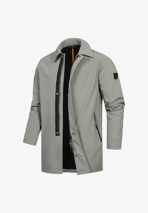 Hellgraue Jacke mit durchgehendem Knopfverschluss, schwarzem Innenfutter, zwei Reißverschlusstaschen und orangen Akzenten entlang des Kragens und der Reißverschlüsse.