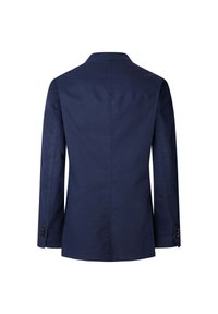 Granatowa bawełniana marynarka z wykładanym kołnierzem, długimi rękawami i guzicznymi akcentami przy mankietach, o gładkiej fakturze.