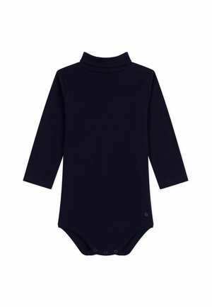 Langärmliger Bodysuit in Navyblau, aus weichem Stoff, mit hohem Kragen und Druckknöpfen im Schritt für ein einfaches An- und Ausziehen.