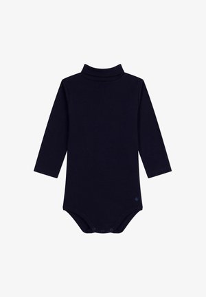 Langärmliger Bodysuit in Navyblau, aus weichem Stoff, mit hohem Kragen und Druckknöpfen im Schritt für ein einfaches An- und Ausziehen.